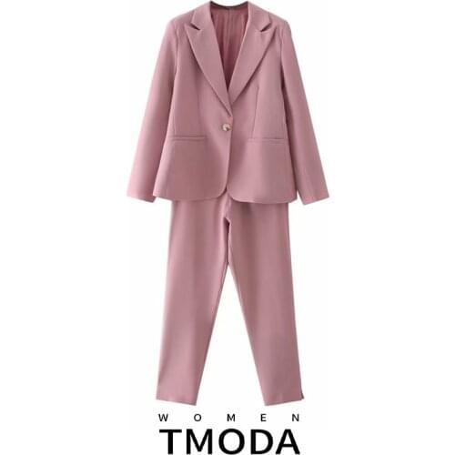 TMODA1969 Za 2021 Women Vintage Pink Blazer Female Long Sleeve Elegant Blazer Jacket + Ladies Formal Suits Pants Two Piece Sets