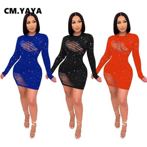 CM.YAYA Women Autumn Galaxy Print Bodycon Midi Mini Hollow Out Dress Long Sleeve Pencil Sexy Night Club Party Vestidos Dresses