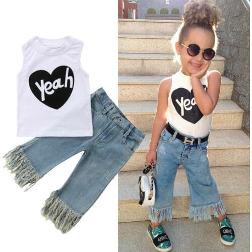Toddler Kids Baby Girl Printed Letter Sleeveless Vest Tops Tassel Denim Jeans Pants 2pcs Outfits Set Summer Fashion Clothes 1-5T