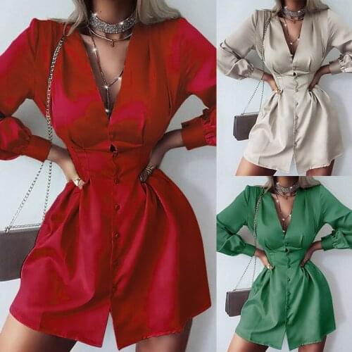 2021 spring new womens hot-selling dress fashion solid color V-neck lantern sleeve sexy waist long sleeve dress