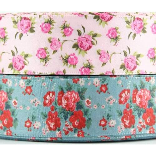 Satin floral series printed ribbon 25mm flowers handmade bow ribbons wedding decor gift wrap satin fabric tape 25 yards