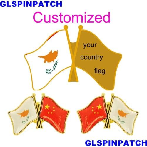 Cyprus Crossed Friendship Flag Double Country lapel pin Brooch USA UK France Chile Russia Saudi Arabia Japan Spain Badge