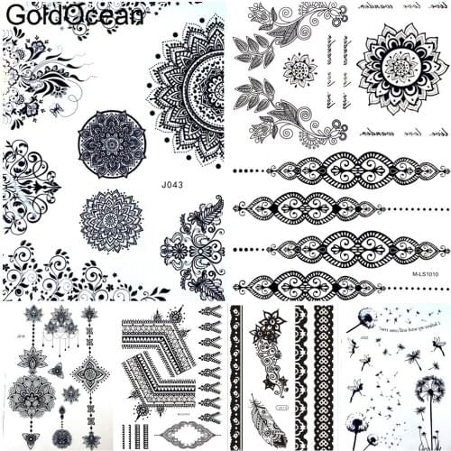 Black Henna Mandala Temporary Tattoo Stickers Flower Girl Arm Neck Water Transfer Tattoo Body Art Indian Chains Fake Tatoos Hand