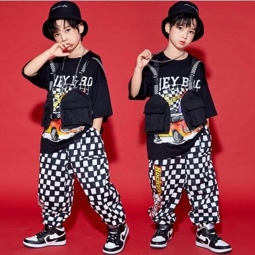 Childrens Street Dance Costume Boys T Shirts Short Sleeves Hip Hop Outfits Plaid Pants Girls Jazz Clothes Stage Costume BL6782