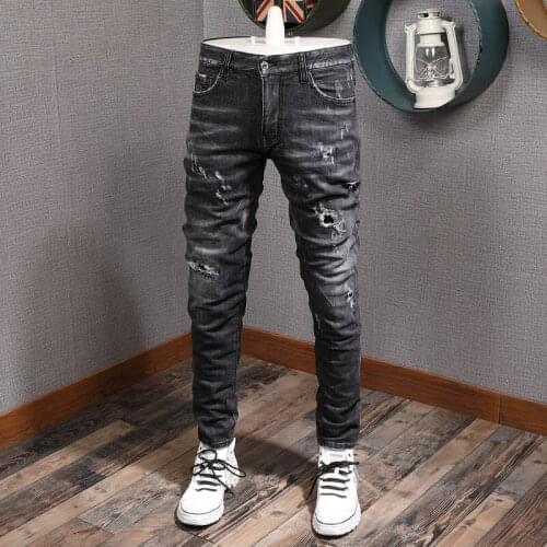 Italian Style Fashion Men Jeans Retro Black Gray Slim Fit High Quality Ripped Denim Trousers Streetwear Vintage Designer Pants