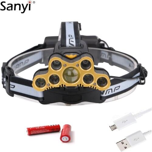 USB Charging Headlight 7*XML T6+2*Red LED Headlamp Waterproof Fishing Torch Warning Head Flashlight Lantern Use 2*18650 Battery