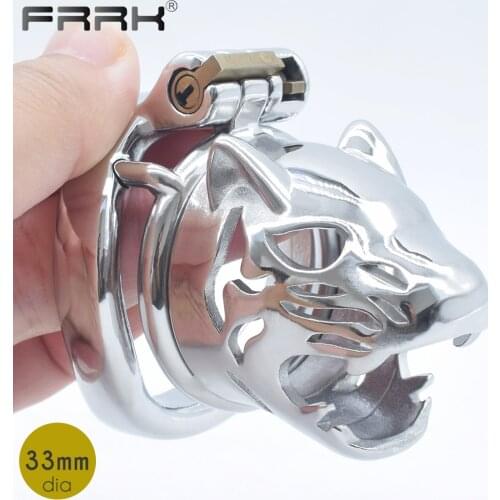 FRRK Cub Chastity Cage Leopard Cock Rings Metal Male Bondage Belt Devices BDSM Kinky Naughty Fetish Sex Toys for Men Lock Penis