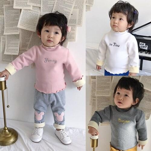Kids T Shirt Autumn Winter New Baby Plus Velvet Thicken Bottoming Shirts Cotton Embroidery Turtleneck Warm Tshirt for Boys Girls