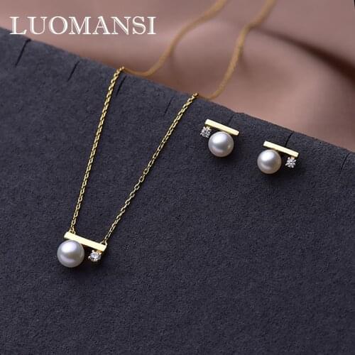 Luomansi Natural Freshwater Pearl Diamond Balance Earrings Pendant Necklace S925 Sterling Silver 8K Gold Party High Jewelry Set