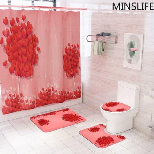 Red Love Tree Shower Curtain Mat Set with Carpet Bath Screen for Home Hotel Bathtub Partition Mold Proof Durable Curtains Hooks