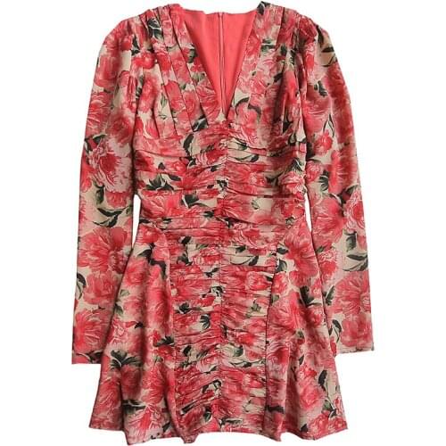Lauri Laki Floral Print Red Dress Women Vintage Elegant High Waist Long Sleeve Dress Boho Party Spring Summer 2021 Dress Beach