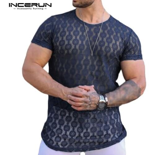 2021 Men T Shirt Mesh See Through Crew Neck Streetwear Short Sleeve Sexy Tee Tops Summer Party Nightclub Camisetas S-5XL INCERUN