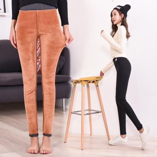 Xisteps New 2020 Winter Warm Thick Velvet High Waist Women Pencil Pants Pockets Female High Stretch Skinny Trousers Large Size