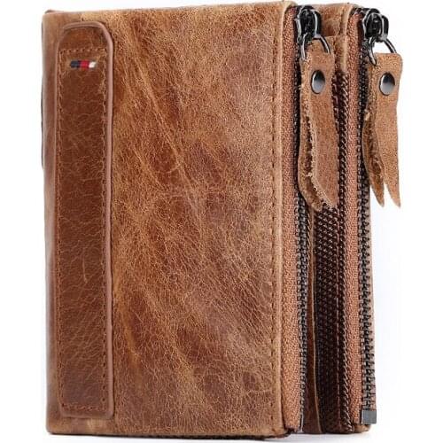New RFID anti-theft brushed cowhide mens wallet leather short mens wallet double zipper wallet hot sale hot sale