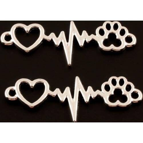 30pcs Silver Color Cute heartbeat Charms Heart Rate Paw Print Pendant Making Necklaces Supplies Jewelry 34X12mm A611