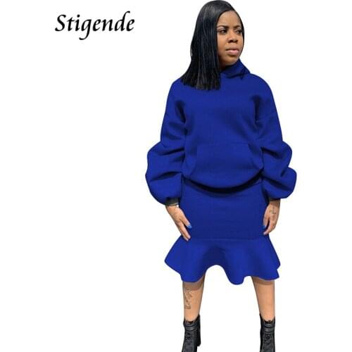 Stigende Women Autumn Solid 2 Piece Casual Sets Ladies Hooded Pullover and Ruffle Skirt Set Long Puff Sleeve Two Piece Dress Set