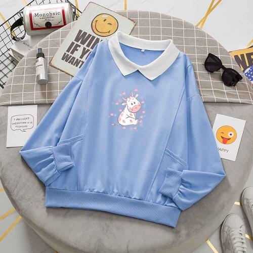 Cow Print Top Womens Sweatshirts Pullover Vintage Kawaii Clothing Aesthetic Hoodie Women Cute Kawaii Blue Top Korean Streetwear