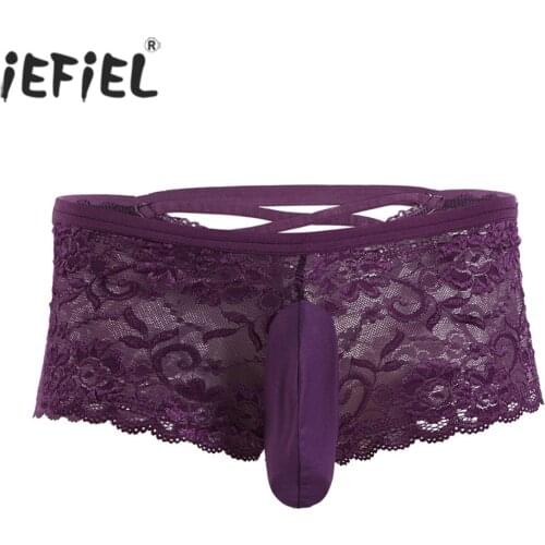 IEFiEL Gay Mens Lingerie Panties Lace Criss-cross Boxer Shorts Jockstraps Bulge Pouch Underwear Underpants Sexy Knickers for Men