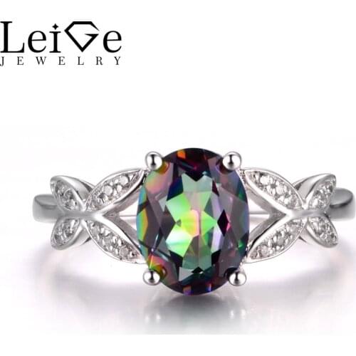 LeiGe Jewelry Real Mystic Topaz Rings Rainbow Topaz Ring Proposal Ring Oval Cut Rainbow Gemstone Ring 925 Sterling Silver Gifts