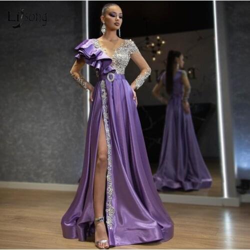 Modest Purple Crystal Mermaid Evening Dresses 2020 Sexy High Side Split Prom Gowns Full Sleeves Beaded Formal Dress Abendkleider