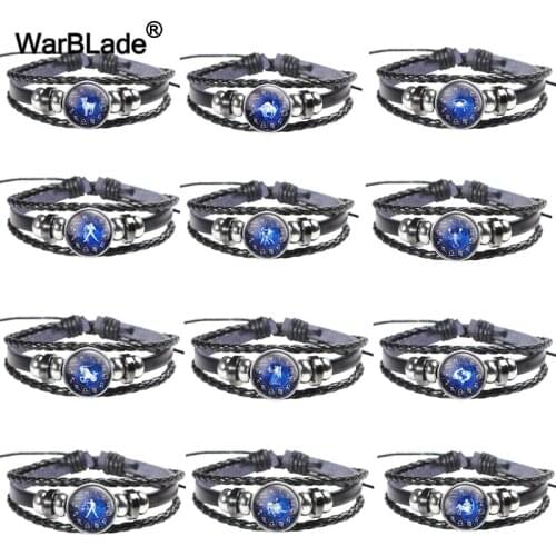 WarBLade Vintage Zodiac Signs Bracelets Bangles Punk Rock Leather Bracelet Women 12 Constellations Wristband Men Charm Jewelry