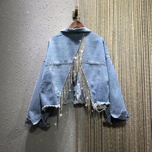 2020 Spring Fall Denim Jacket Womens Heavy Tassel Diamond Back Slit Openwork Short Coat Female Blue Jeans Jacket Outwear NZY121