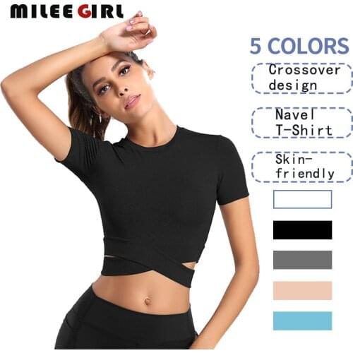 Women Tight Yoga Shirt,Sports Clothing Top Solid Color Gym Fitness Yoga Top Short,Slim Cross Sleeve Running Workout T-shirt