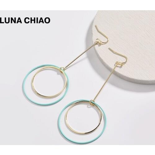 LUNA CHIAO Fashion INS Double Metal Circles Colored Coating Disc Drop Pendant Earrings for Girls