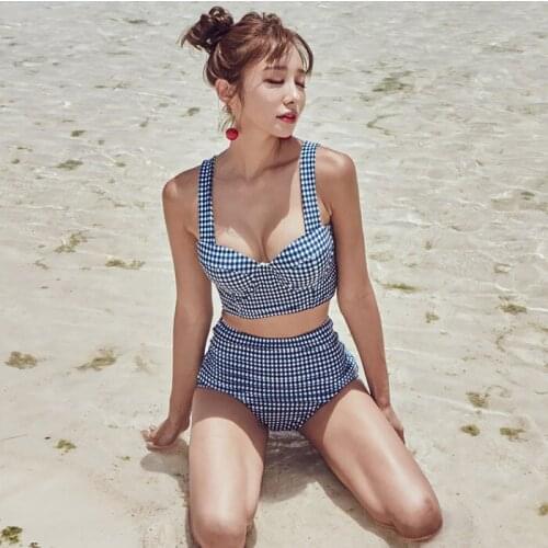 Womens Two Piece Set High Waist Bandage Push up Bikini Cover Belly Steel Support Swimsuit Beachwear Korean Sexy Plaid Swimsuit