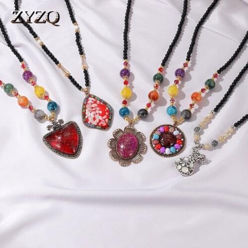 ZYZQ Ethnic Jewelry Traditional Handmade Ornaments Weav Bodhi pendant Necklace Artificial opal Beads Pendant Long Women Necklace