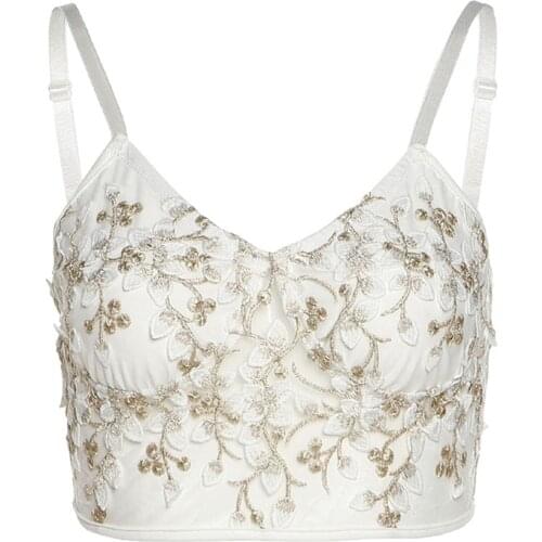 2021 Fashion Trend Women Close-fitting Sexy Camisole White Floral Embroidery Pattern V-neck Crop Tops Summer Casual Tanks