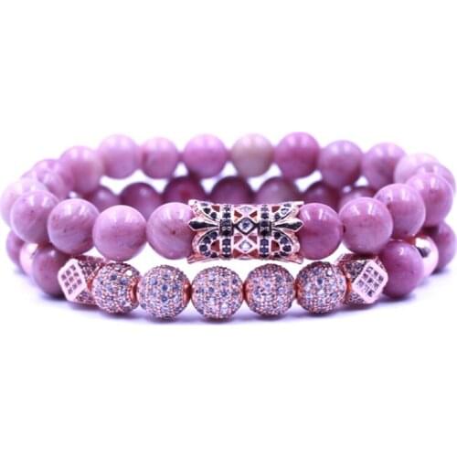8mm 2PCS/Set rose gold elastic adjusted nature Rhodochrosite micro pave cz zircon cubic zirconia tube Bracelet g432