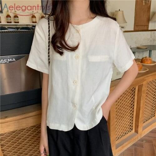 Aelegangtmis Casual Solid O Neck T Shirt for Women Summer Thin Regular Single Breasted Tees Female White Short Sleeve T Shirts