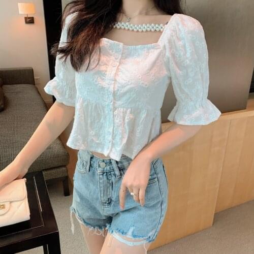 Square Collar Short Bubble Sleeve Blouse Female 2021 Summer New French Temperament Fashion Collarbone Shoulder Shirt 14732
