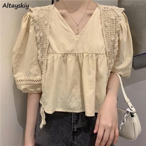 Blouses Women Design Solid Cropped Kawaii Sweet Elegant Mujer Summer New Popular Ins Vintage Hollow Out Fashion Leisure Soft ins