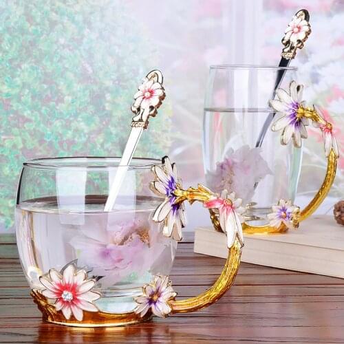 Enamel Coffee Cup Mug Flower Tea Drinking Glass Cups With Handle For Hot And Cold Drinks With Cap Pad And Wipe Cloth For Gifts