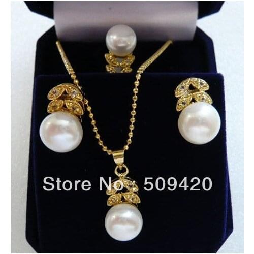 Good Wholesale>>> Halloween party favors Sets 9-10 mm white pearl ring earring necklace womens