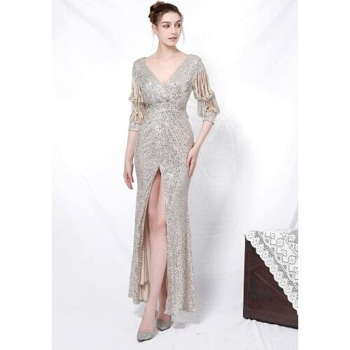 Split V neck Long sleeve Cocktail Party Dress Womens Sexy Sequins Robe Floor length Shinning Formal Vestidoes Simple Full Dress