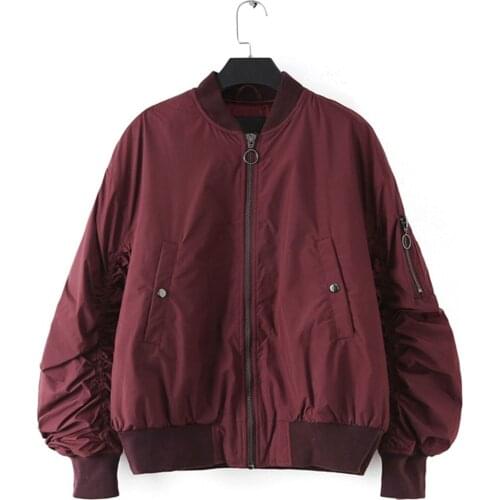 Red Wine Cotton Jacket Womens Baseball uniform Autumn Winter Short Coats Overcoat Long Sleeve Thicken Pilot Bomber Clothing