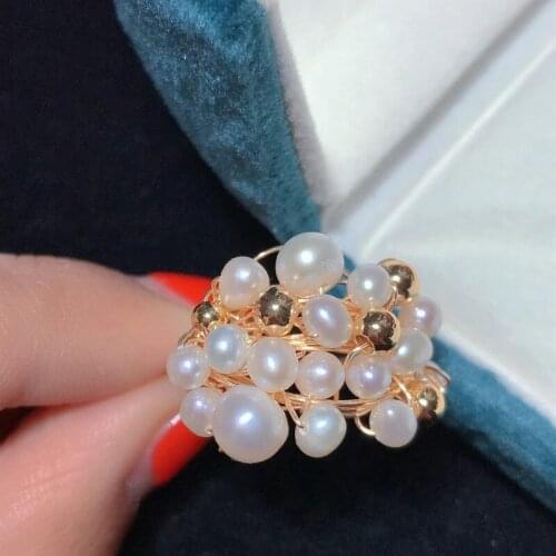 Hot sell vintage tiny natural real pearls handmade gold big ring can customize size women high quality jewelry girl gift