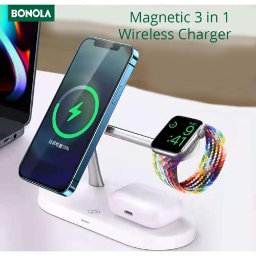 Bonola Mag safe Wireless Charger 3 in 1 for iPhone 12 Mini/Pro Max Magnetic Wireless Chargers Station for Apple Watch/Airpods