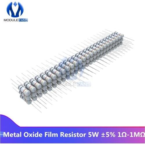 50PCS Metal Oxide Film Resistor 5W 5% +5% -5% 1R-1M 1K 2.2K 4.7K 5.1K 6.8K 10K 15K 22K 47K 100K Resistance Diy Electronic Ohm