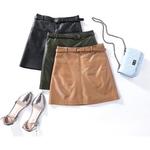 Spring Women A Line Belted Slim Fit Sexy Skirt Office Ladies High Waist Sheepskin Real Leather Skirt Mini Jupe Femme Solid Color