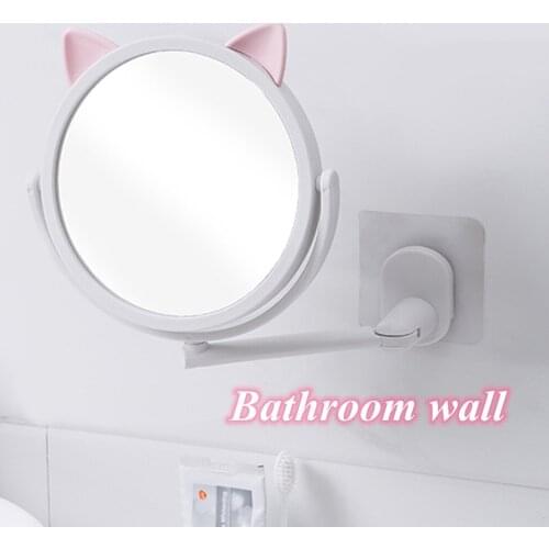 Cartoon Cat Ear Makeup Vanity Mirror Magnification Mounted Telescopic Enlargement 2-Face Bathroom Wall Cosmetic Mirror#G7