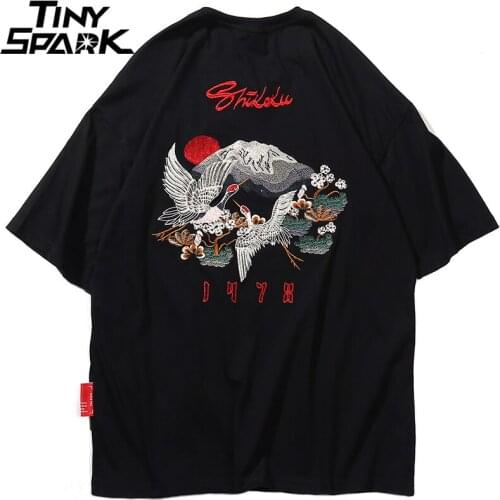 Hip Hop T Shirt Men 2021 Harajuku Embroidery Crane T-Shirt Streetwear Japanese Style Fashion Kanji Tshirt Casual Tops Tees Black