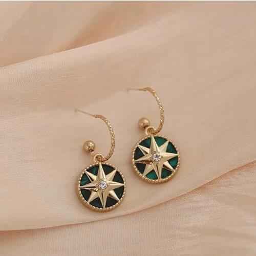 2021 New Trend Compass Green Baroque Round Star Niche Drop Earrings Elegant French Senior Geometric Women Earrings Jewelry