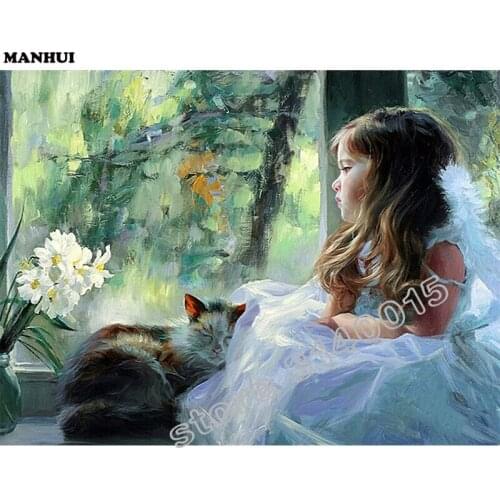 New 3D DIY Diamond Painting Girl with cat decoration rhinestones Mosaic Embroidery Diamond inlay knitting needles BEF210