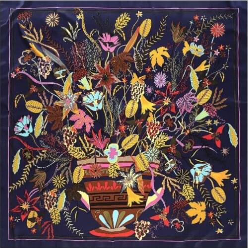 New Brand Bandana Shawl 100% Twill Silk Scarf 130cm Square Scarves Plant Vase Print Kerchief Woman Headband Hijab Scarf&Wraps