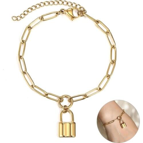Lock Charm Bracelet for Women 4mm Gold Color Stainless Steel Paperclip Link Chain Bracelets Wholesale Jewelry New LDB301