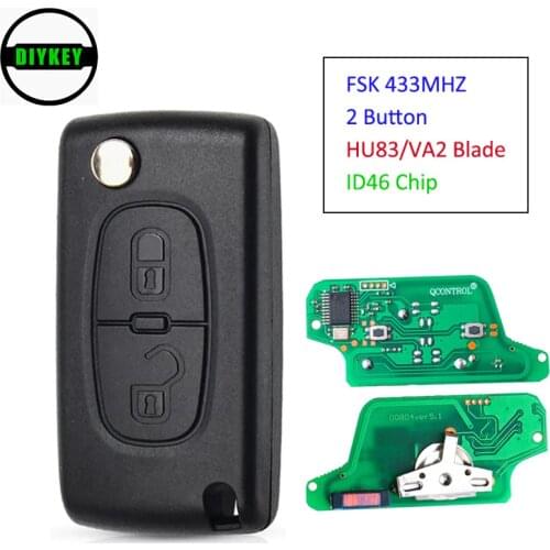 DIYKEY Flip Remote Car Key 2 Button FSK 433MHz ID46 Chip for Peugeot Citroen 0523 Model HU83/VA2